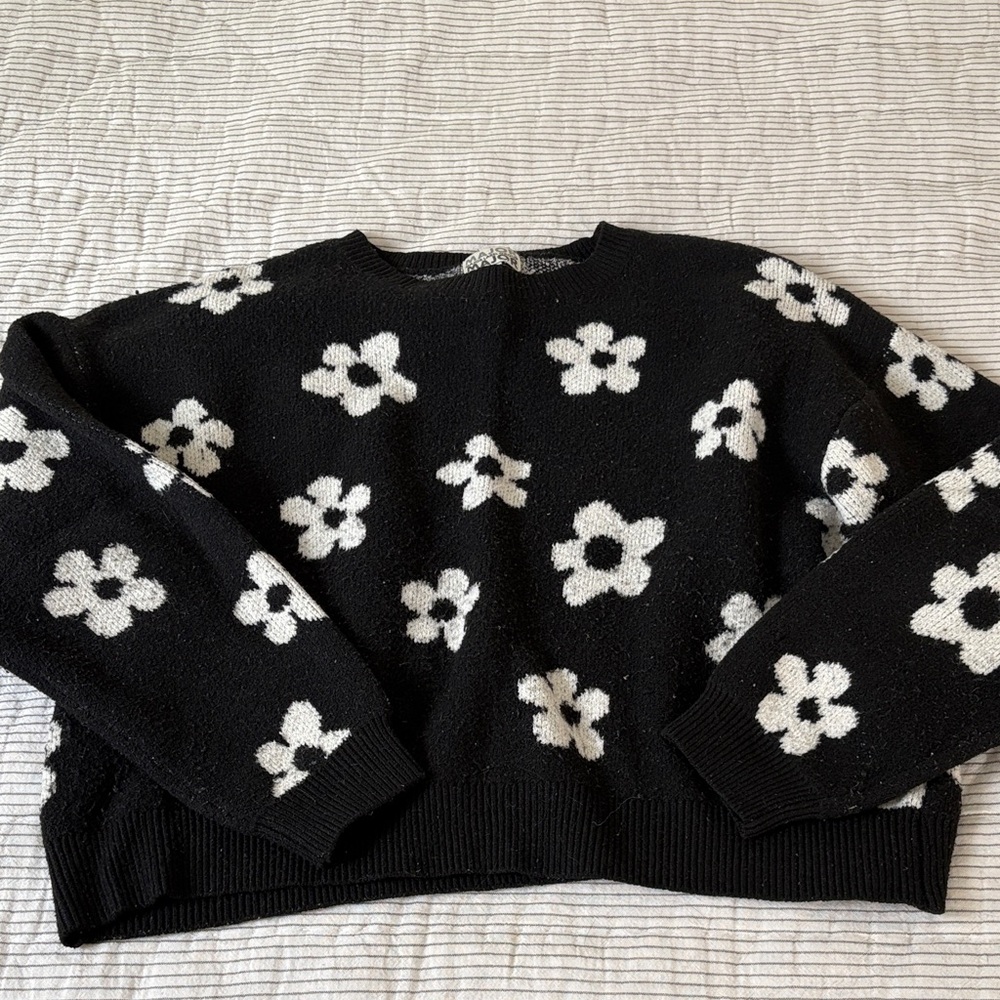 Dry Goods Black Crewneck Sweater with White Floral Pattern